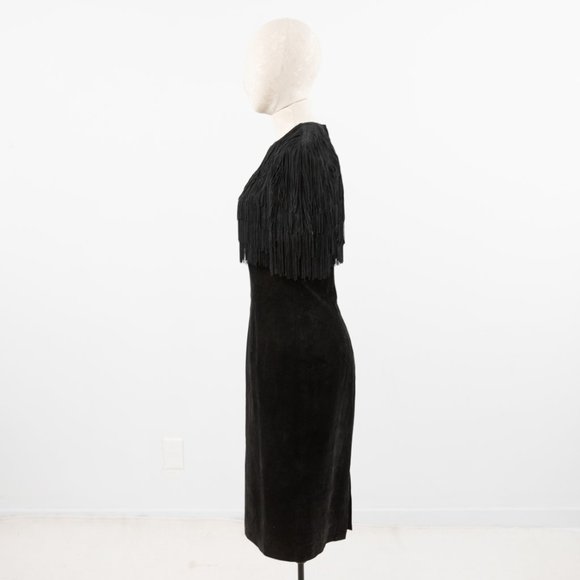 Vintage S/M Fringe Suede Leather Dress Black Midi - Picture 6 of 12